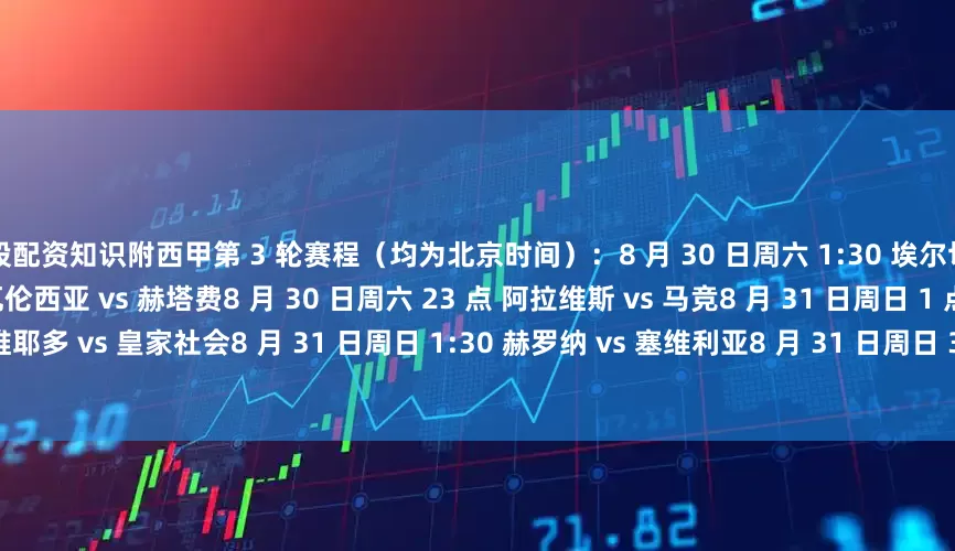 炒股配资知识附西甲第 3 轮赛程（均为北京时间）：8 月 30 日周六 1:30 埃尔切 vs 莱万特8 月 30 日周六 3:30 瓦伦西亚 vs 赫塔费8 月 30 日周六 23 点 阿拉维斯 vs 马竞8 月 31 日周日 1 点 奥维耶多 vs 皇家社会8 月 31 日周日 1:30 赫罗纳 vs 塞维利亚8 月 31 日周日 3:30 皇马 vs 马洛卡8 月 31 日周日 23 点 塞